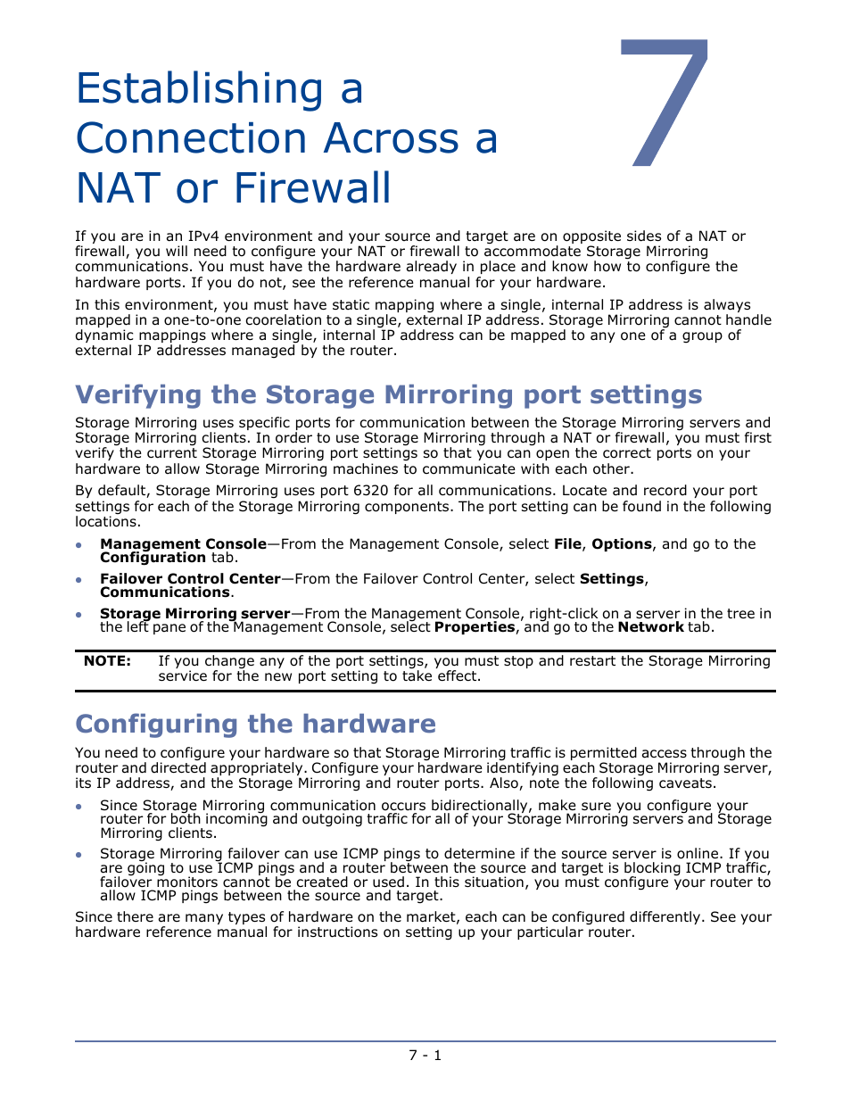 Establishing a connection across a nat or firewall, Verifying the storage mirroring port settings, Configuring the hardware | HP Storage Mirroring V5.1 Software User Manual | Page 53 / 208