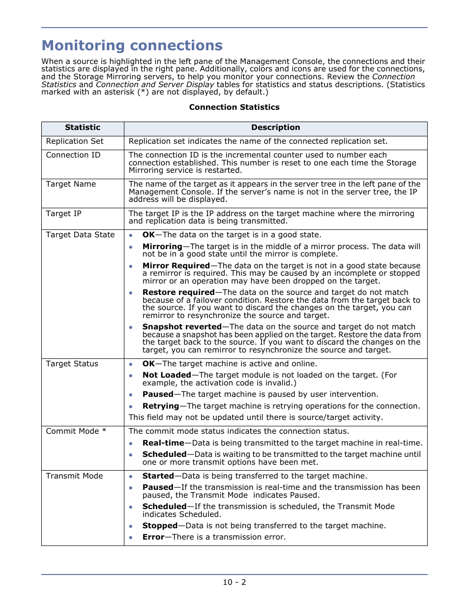 Monitoring connections, Chapter 9 simulating a connection -1 | HP Storage Mirroring V5.1 Software User Manual | Page 64 / 208