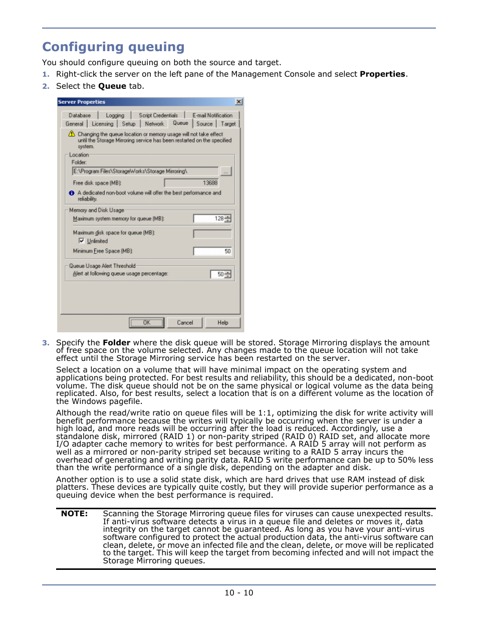 Configuring queuing | HP Storage Mirroring V5.1 Software User Manual | Page 72 / 208