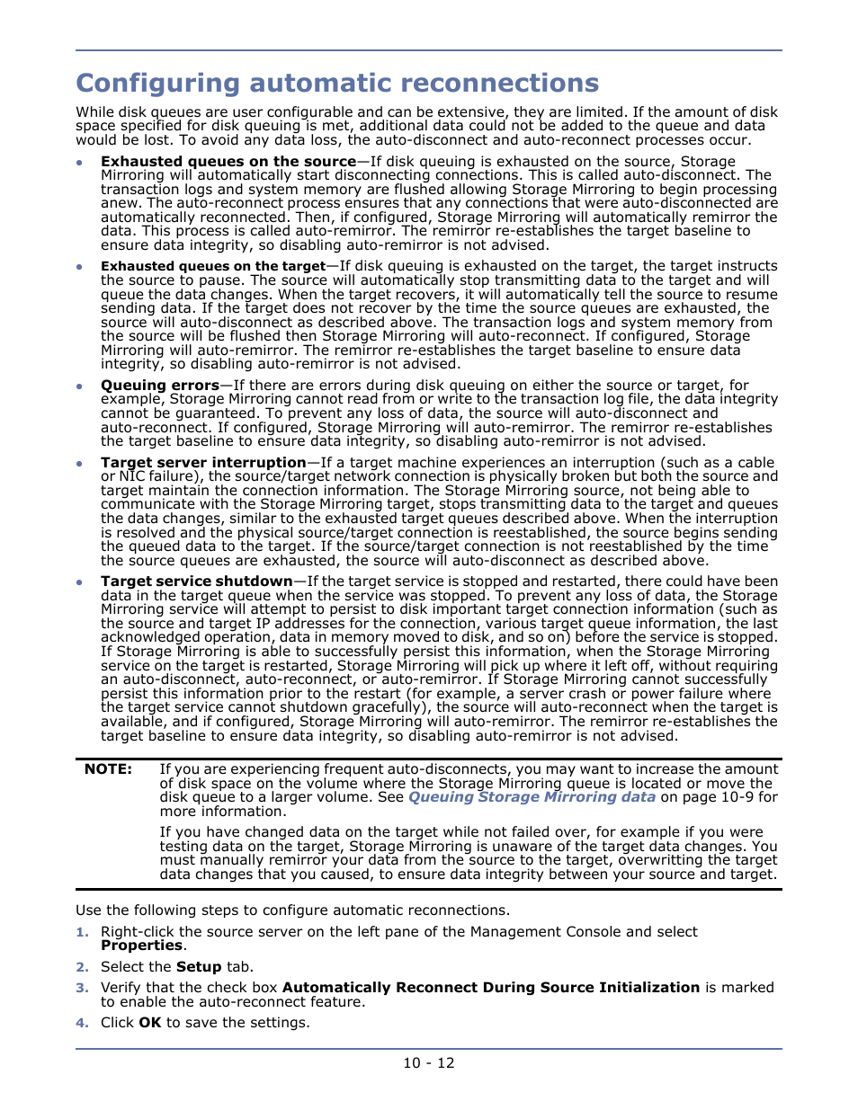 Configuring automatic reconnections, Monitoring connections -2 | HP Storage Mirroring V5.1 Software User Manual | Page 74 / 208