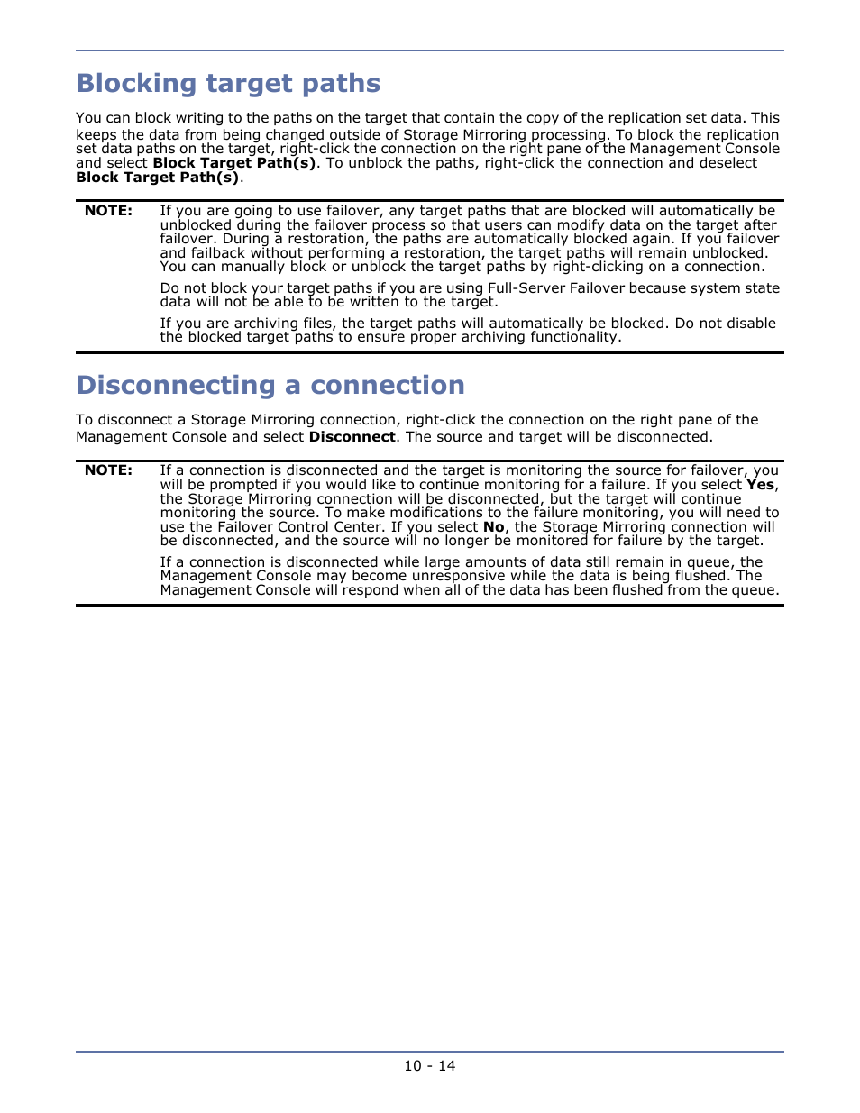 Blocking target paths, Disconnecting a connection, Queuing storage mirroring data -9 | Configuring queuing -10 | HP Storage Mirroring V5.1 Software User Manual | Page 76 / 208