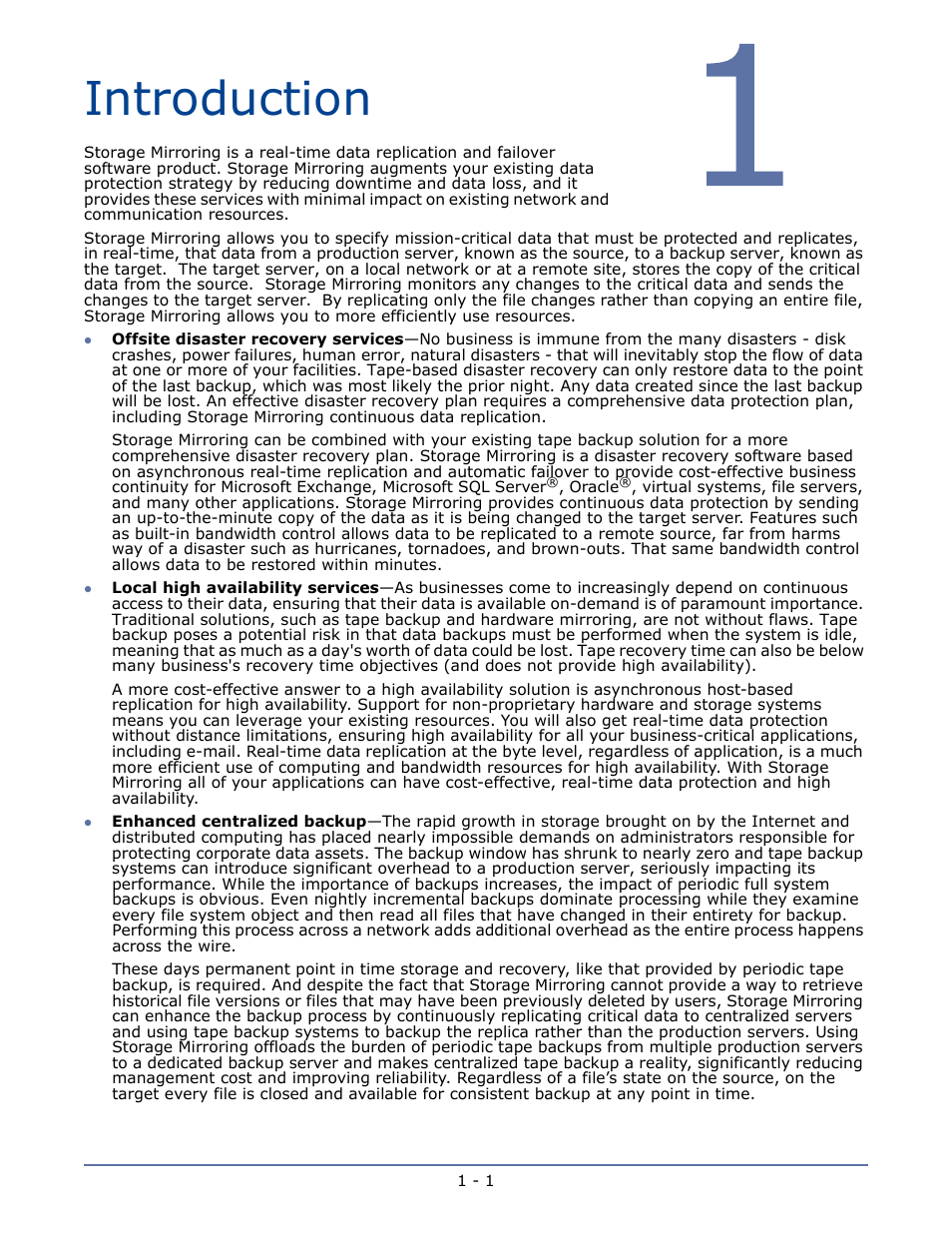 Introduction, Chapter 1 introduction -1 | HP Storage Mirroring V5.1 Software User Manual | Page 8 / 208