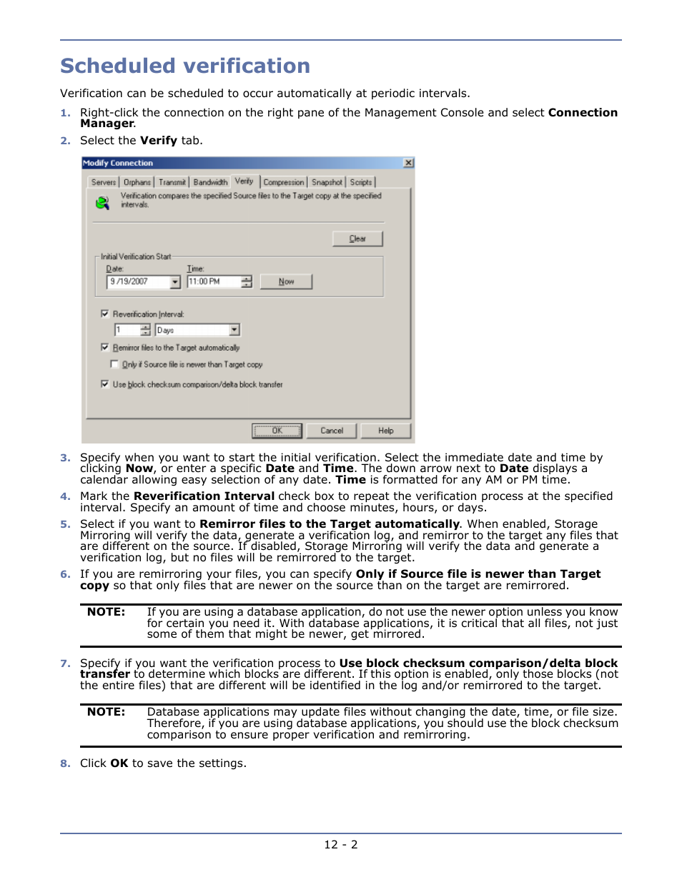 Scheduled verification, Configuring customized mirroring scripts -5 | HP Storage Mirroring V5.1 Software User Manual | Page 85 / 208