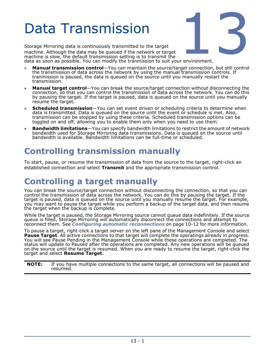 Data transmission, Controlling transmission manually, Controlling a target manually | Starting replication -7, Chapter 12 verification -1, Manual verification -1 | HP Storage Mirroring V5.1 Software User Manual | Page 89 / 208