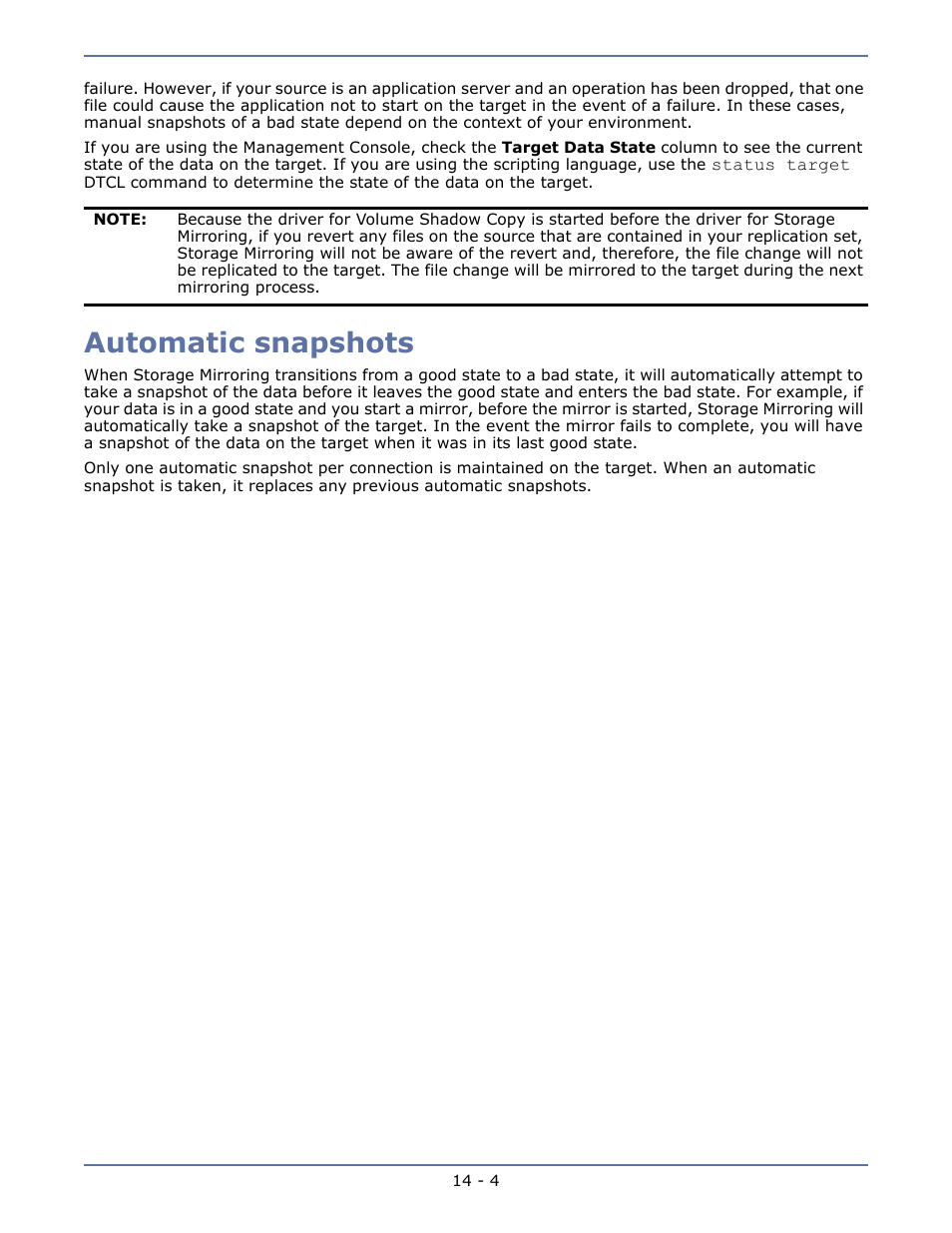 Automatic snapshots, Controlling a target manually -1 | HP Storage Mirroring V5.1 Software User Manual | Page 98 / 208