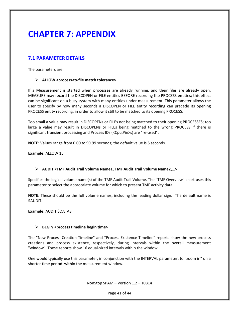 Appendix, Parameter details, Chapter 7: appendix | HP Integrity NonStop H-Series User Manual | Page 42 / 45