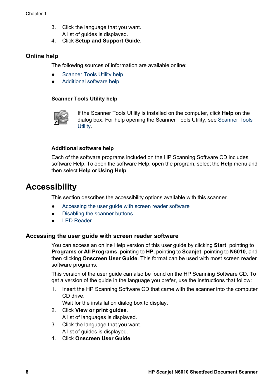 Online help, Scanner tools utility help, Additional software help | Accessibility | HP Scanjet N6010 Document Sheet-feed Scanner User Manual | Page 10 / 32