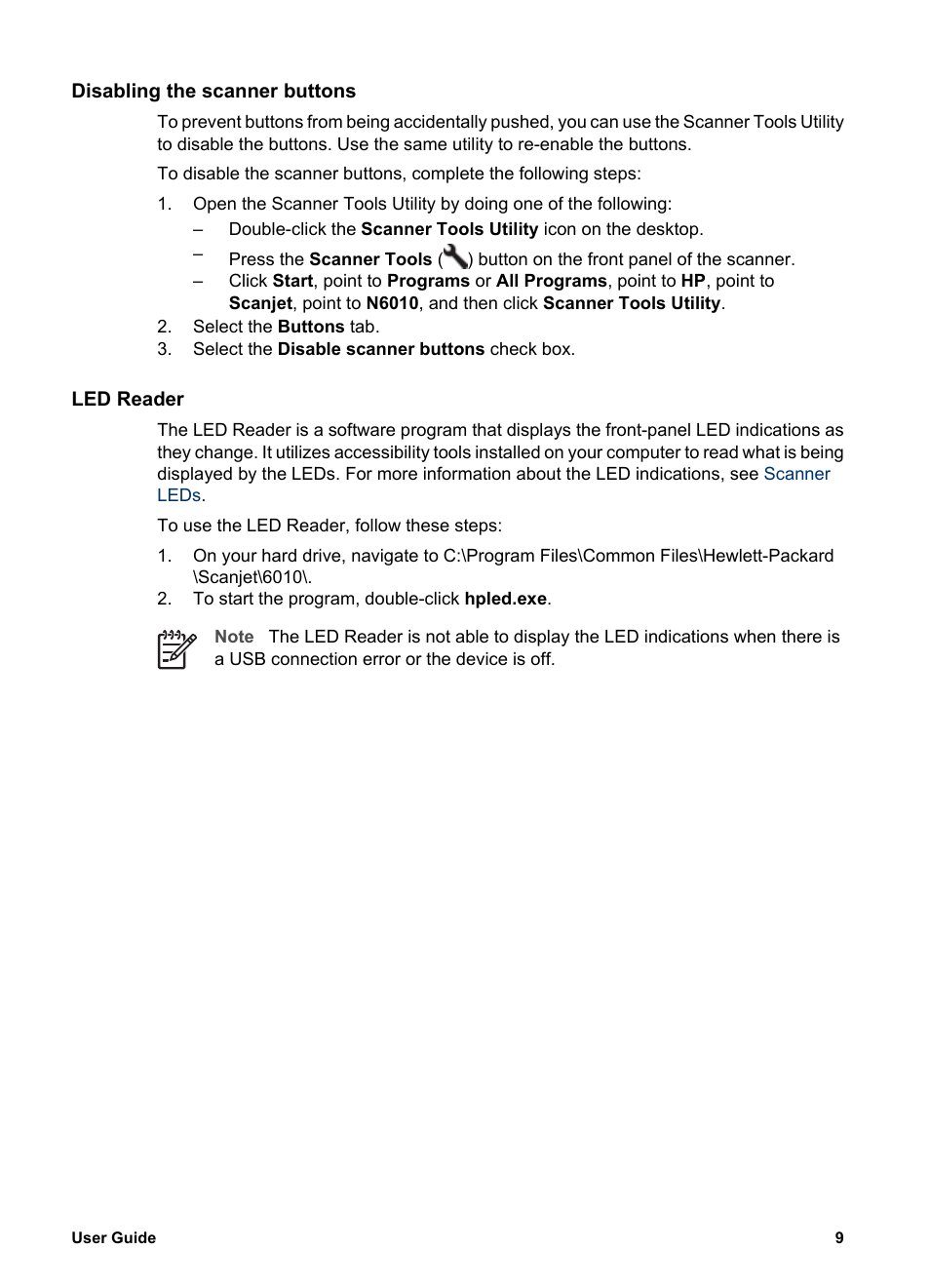 Disabling the scanner buttons, Led reader | HP Scanjet N6010 Document Sheet-feed Scanner User Manual | Page 11 / 32