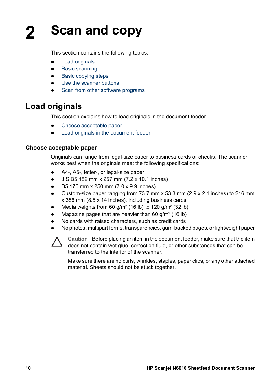 Scan and copy, Load originals, Choose acceptable paper | Scan and copy load originals | HP Scanjet N6010 Document Sheet-feed Scanner User Manual | Page 12 / 32