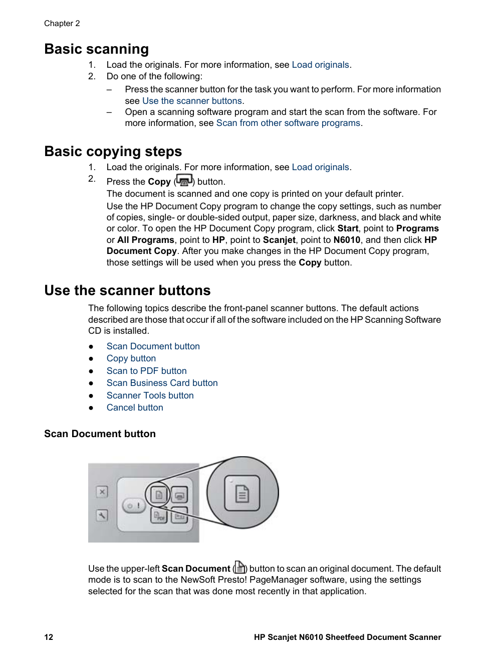 Basic scanning, Basic copying steps, Use the scanner buttons | Scan document button | HP Scanjet N6010 Document Sheet-feed Scanner User Manual | Page 14 / 32