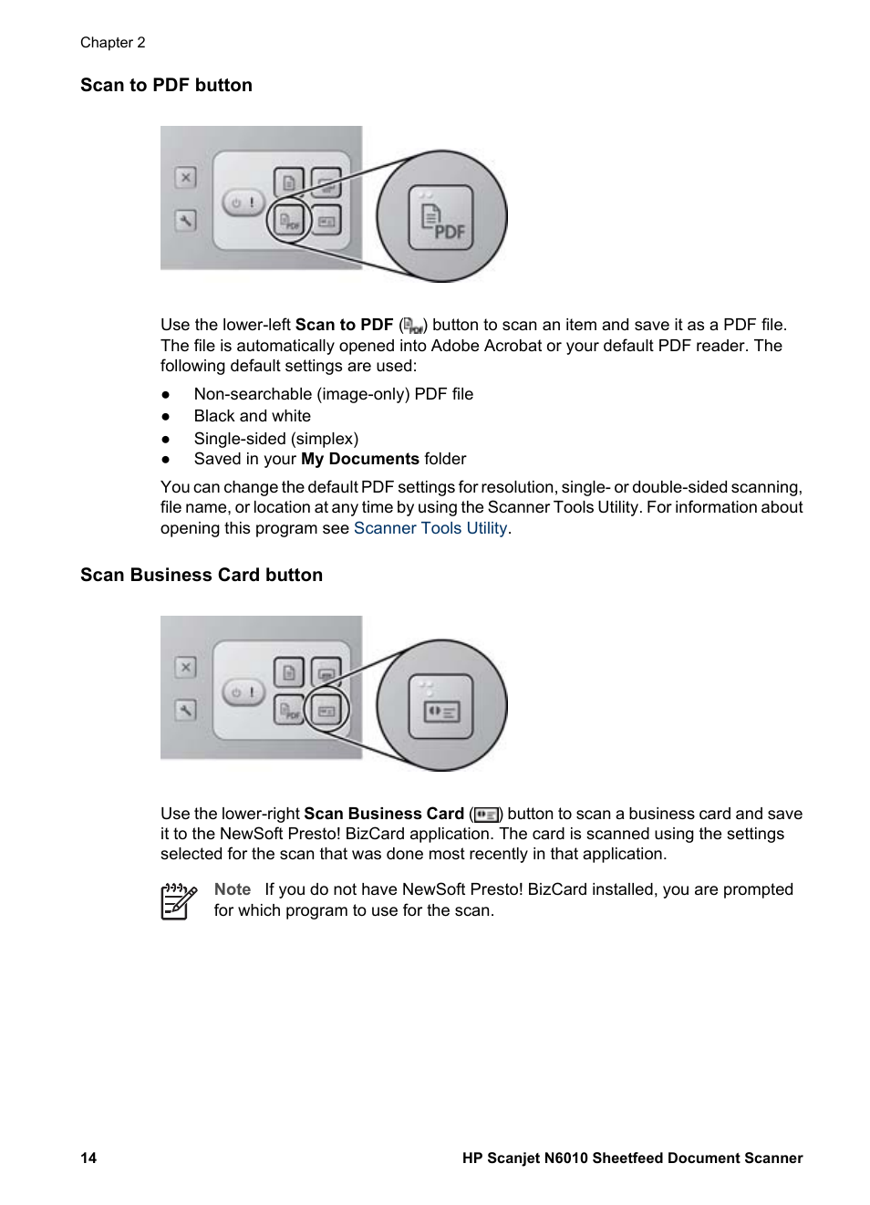 Scan to pdf button, Scan business card button | HP Scanjet N6010 Document Sheet-feed Scanner User Manual | Page 16 / 32