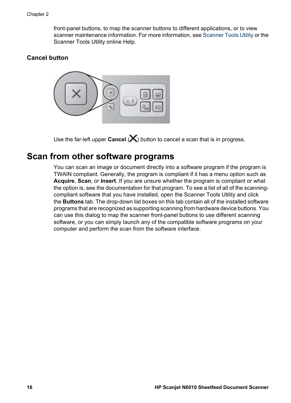 Cancel button, Scan from other software programs | HP Scanjet N6010 Document Sheet-feed Scanner User Manual | Page 18 / 32