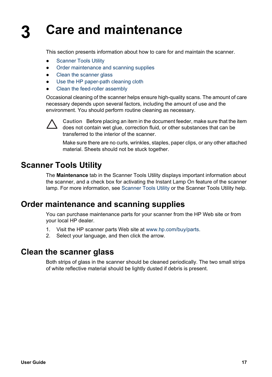 Care and maintenance, Scanner tools utility, Order maintenance and scanning supplies | Clean the scanner glass | HP Scanjet N6010 Document Sheet-feed Scanner User Manual | Page 19 / 32