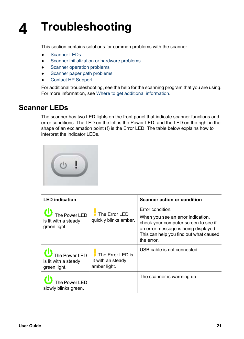 Troubleshooting, Scanner leds, Troubleshooting scanner leds | HP Scanjet N6010 Document Sheet-feed Scanner User Manual | Page 23 / 32