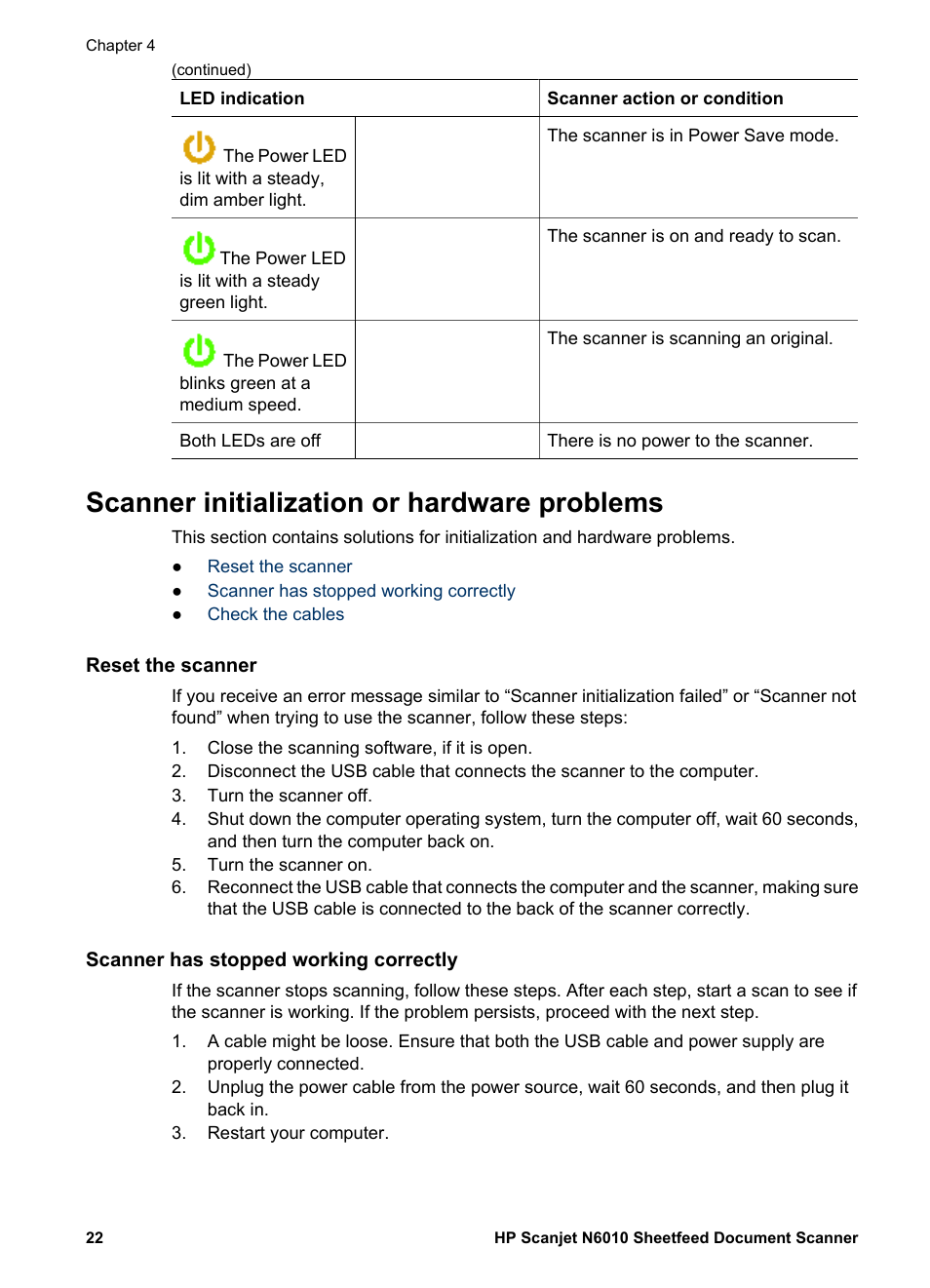 Scanner initialization or hardware problems, Reset the scanner, Scanner has stopped working correctly | HP Scanjet N6010 Document Sheet-feed Scanner User Manual | Page 24 / 32