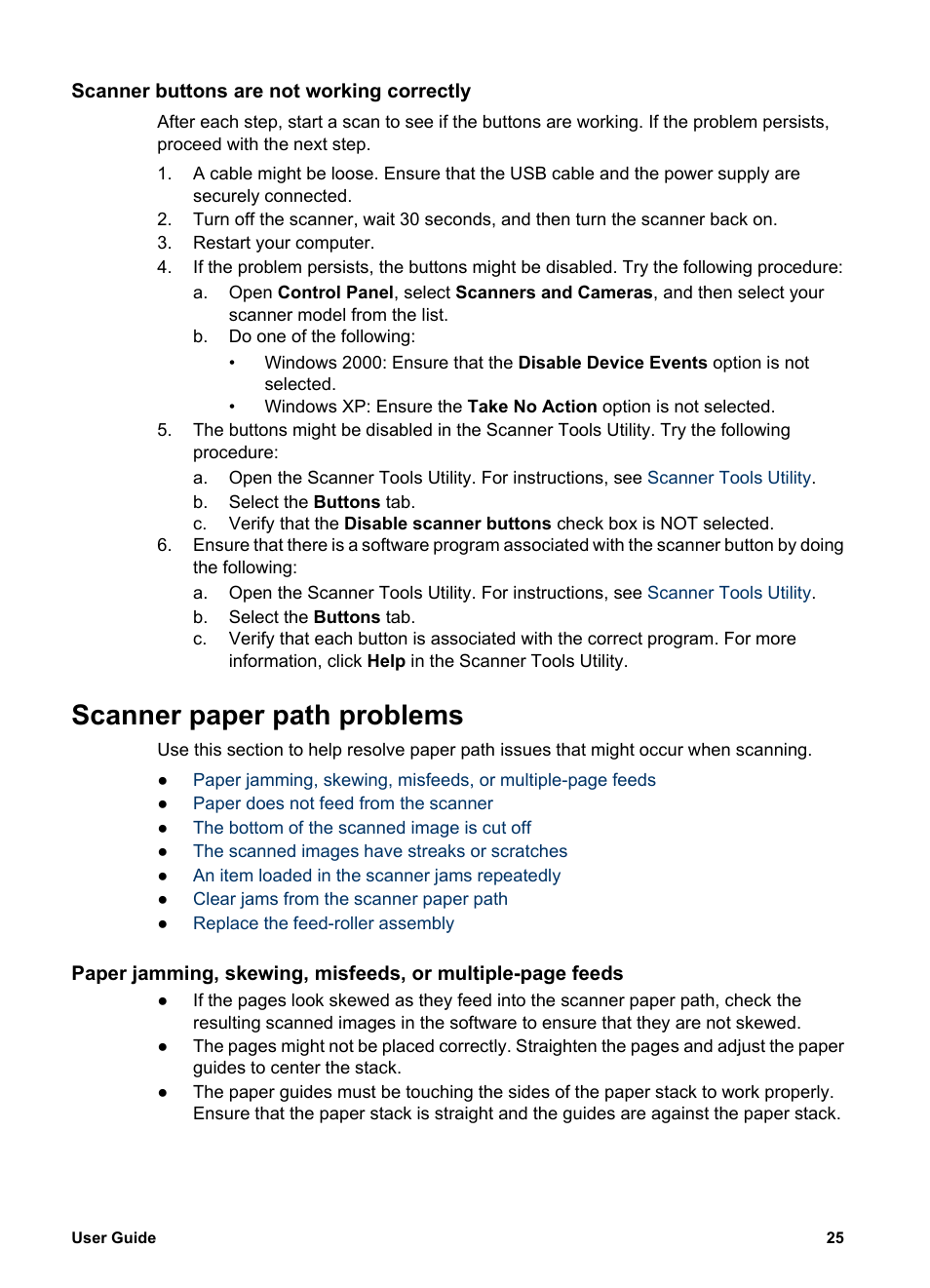 Scanner buttons are not working correctly, Scanner paper path problems | HP Scanjet N6010 Document Sheet-feed Scanner User Manual | Page 27 / 32