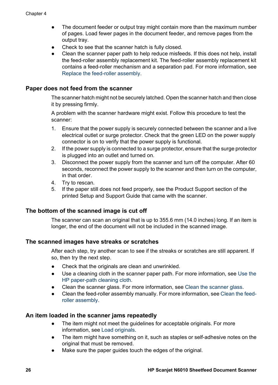 Paper does not feed from the scanner, The bottom of the scanned image is cut off, The scanned images have streaks or scratches | An item loaded in the scanner jams repeatedly | HP Scanjet N6010 Document Sheet-feed Scanner User Manual | Page 28 / 32