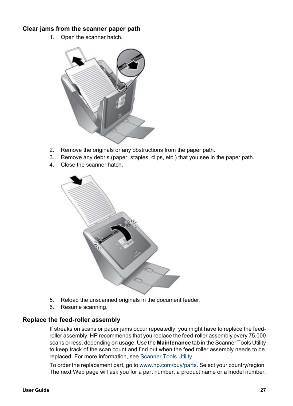 Clear jams from the scanner paper path, Replace the feed-roller assembly | HP Scanjet N6010 Document Sheet-feed Scanner User Manual | Page 29 / 32