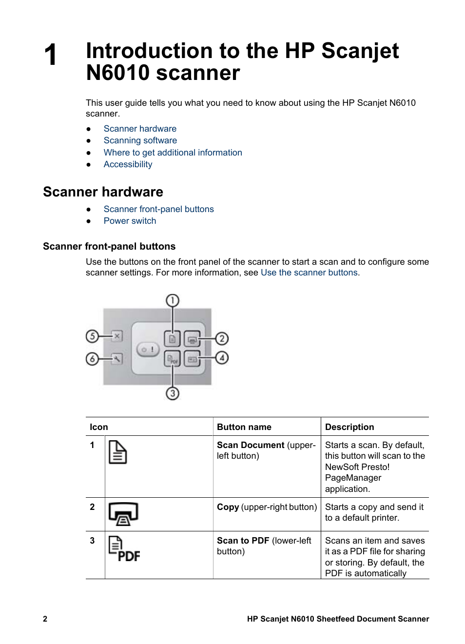 Introduction to the hp scanjet n6010 scanner, Scanner hardware, Scanner front-panel buttons | HP Scanjet N6010 Document Sheet-feed Scanner User Manual | Page 4 / 32