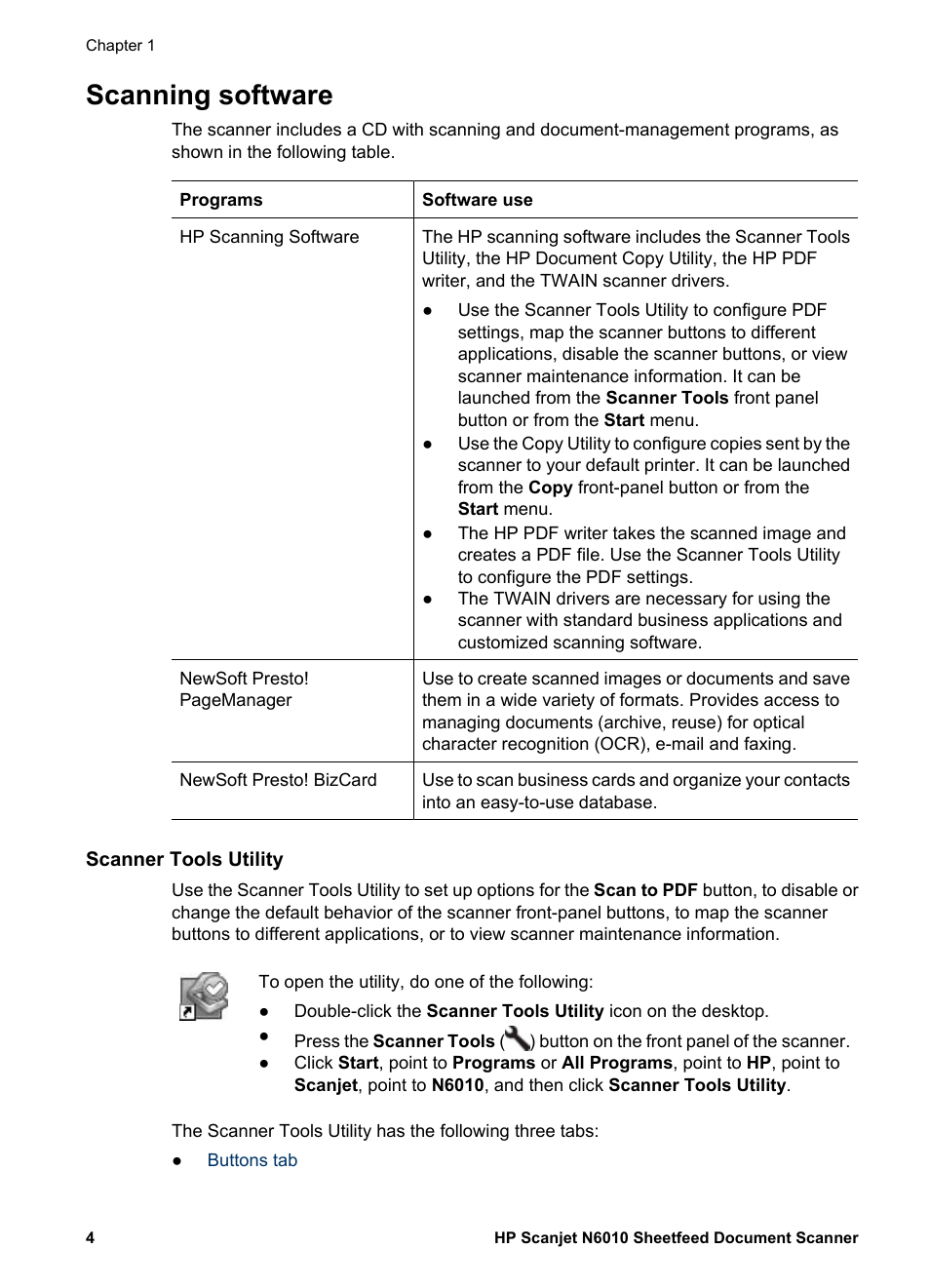 Scanning software, Scanner tools utility | HP Scanjet N6010 Document Sheet-feed Scanner User Manual | Page 6 / 32