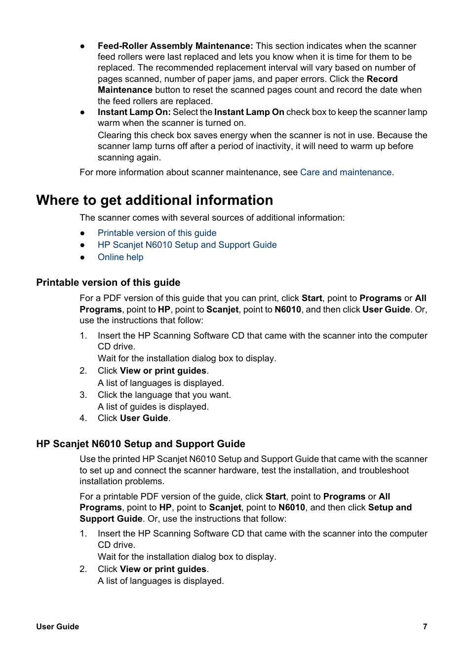 Where to get additional information, Printable version of this guide, Hp scanjet n6010 setup and support guide | HP Scanjet N6010 Document Sheet-feed Scanner User Manual | Page 9 / 32