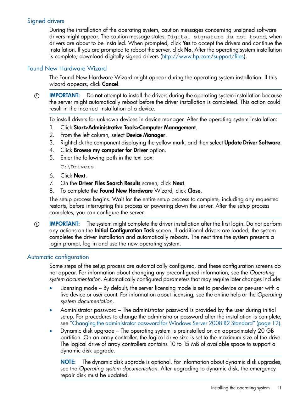 Signed drivers, Found new hardware wizard, Automatic configuration | HP ProLiant ML310 G3 Server User Manual | Page 11 / 30