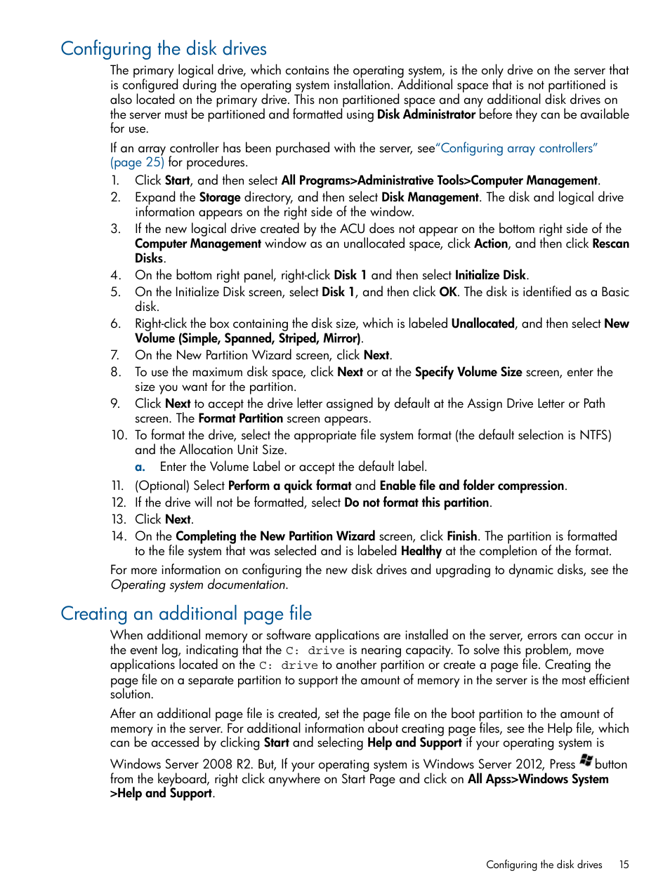 Configuring the disk drives, Creating an additional page file | HP ProLiant ML310 G3 Server User Manual | Page 15 / 30