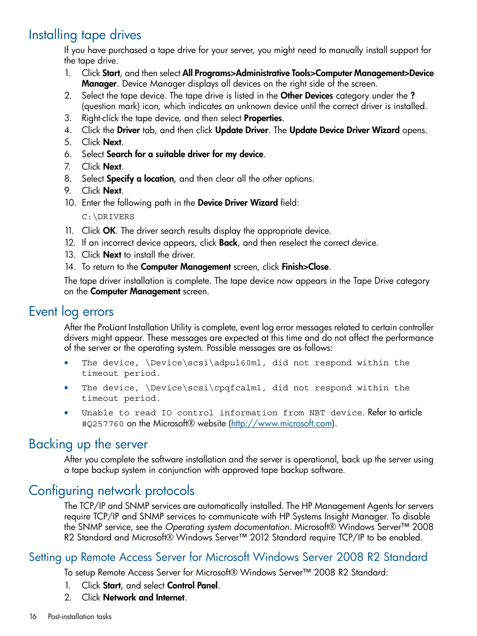 Installing tape drives, Event log errors, Backing up the server | Configuring network protocols | HP ProLiant ML310 G3 Server User Manual | Page 16 / 30