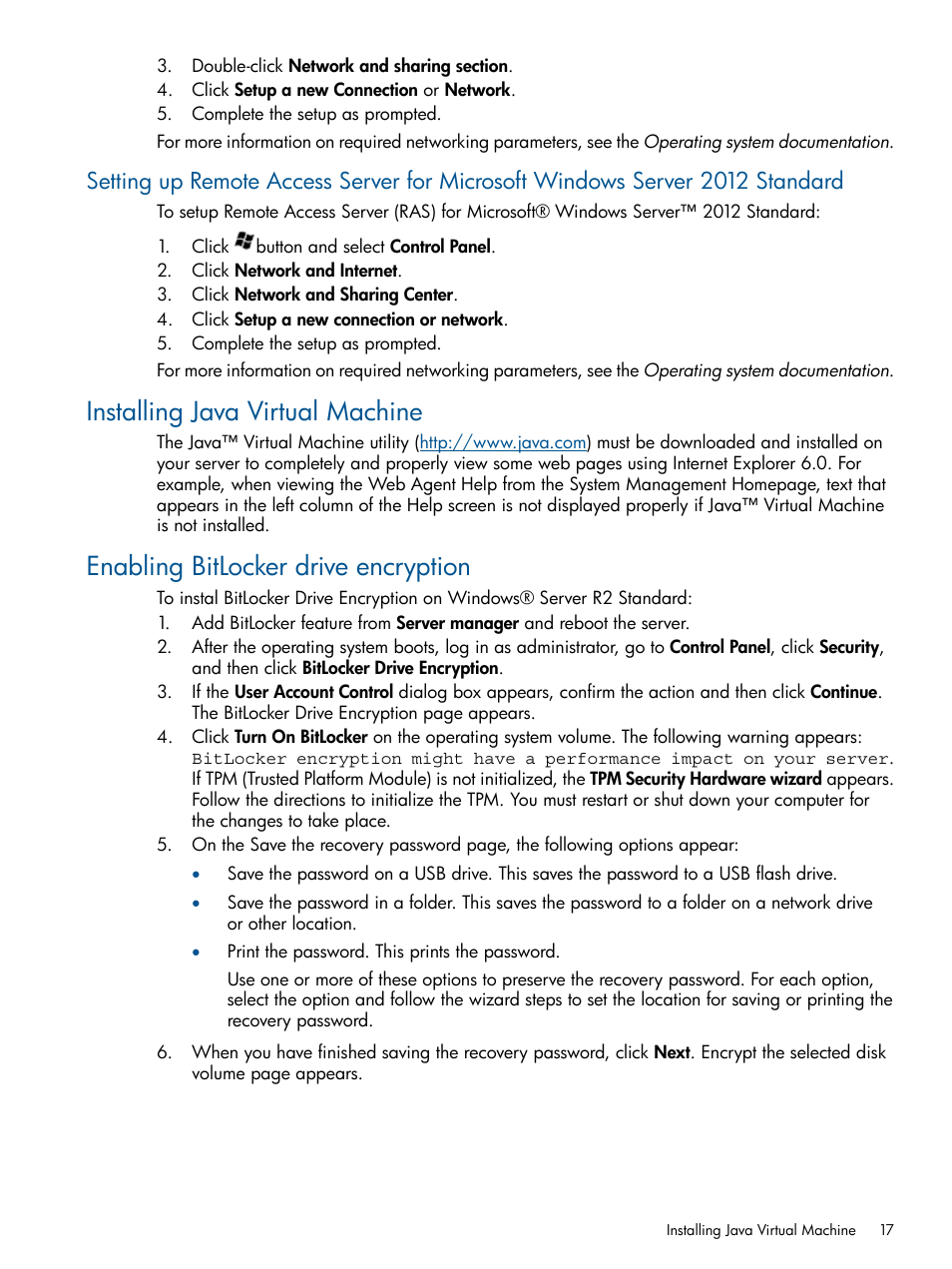 Installing java virtual machine, Enabling bitlocker drive encryption | HP ProLiant ML310 G3 Server User Manual | Page 17 / 30