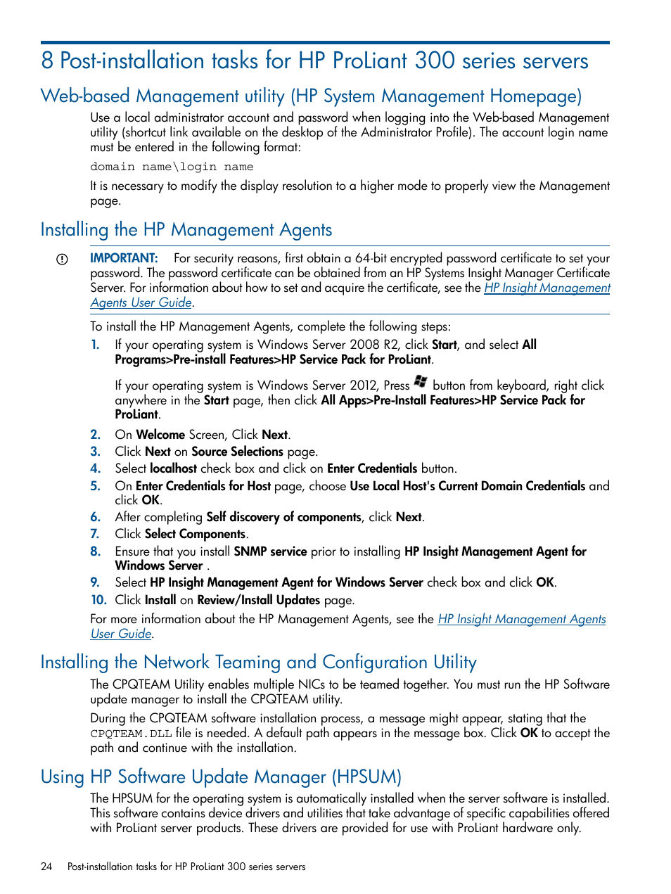 Installing the hp management agents, Using hp software update manager (hpsum) | HP ProLiant ML310 G3 Server User Manual | Page 24 / 30