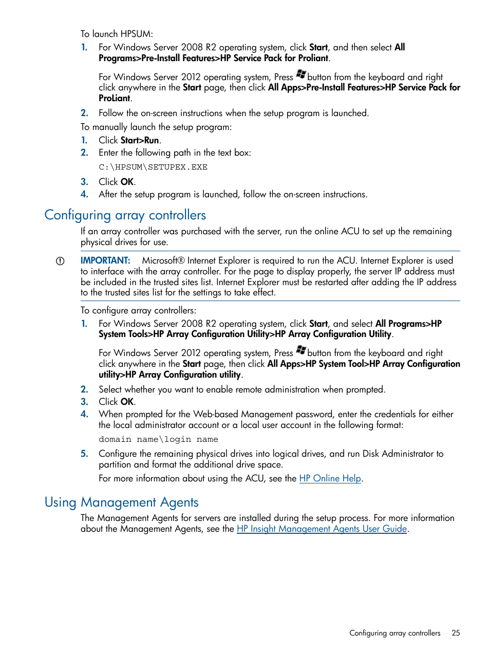 Configuring array controllers, Using management agents | HP ProLiant ML310 G3 Server User Manual | Page 25 / 30