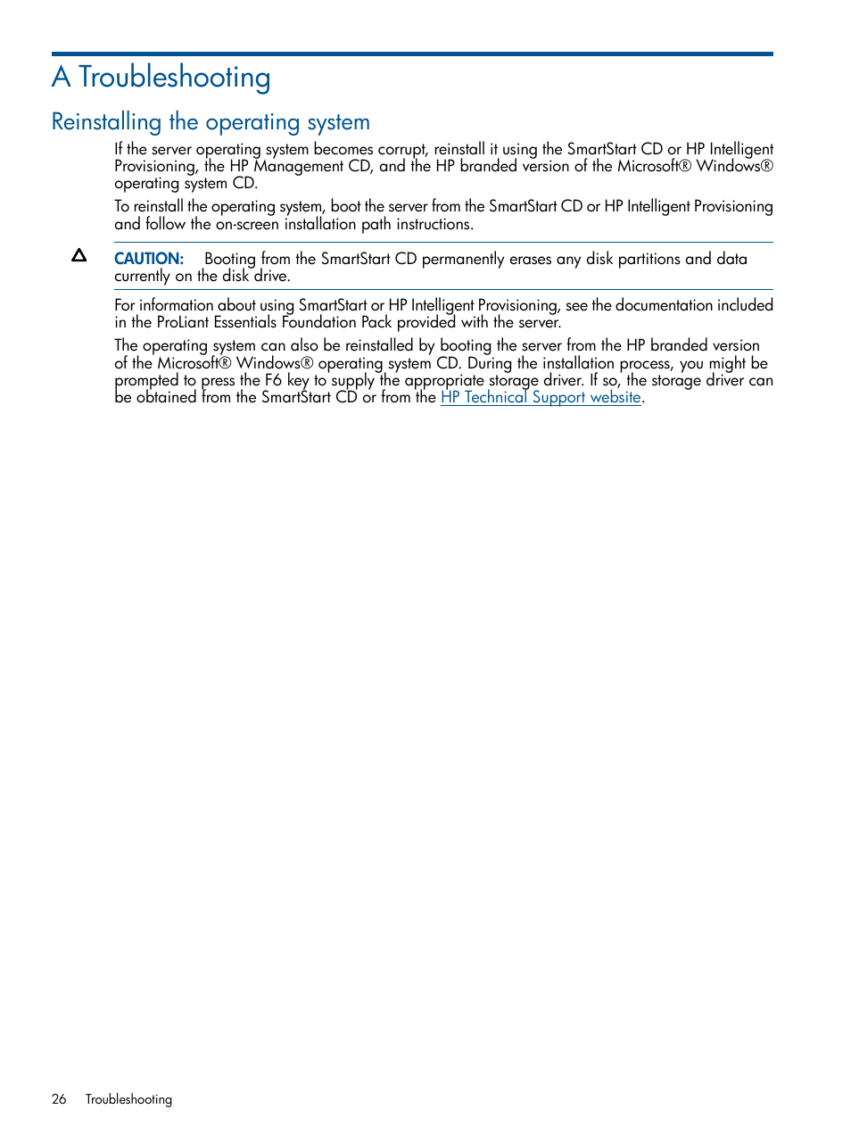 A troubleshooting, Reinstalling the operating system | HP ProLiant ML310 G3 Server User Manual | Page 26 / 30