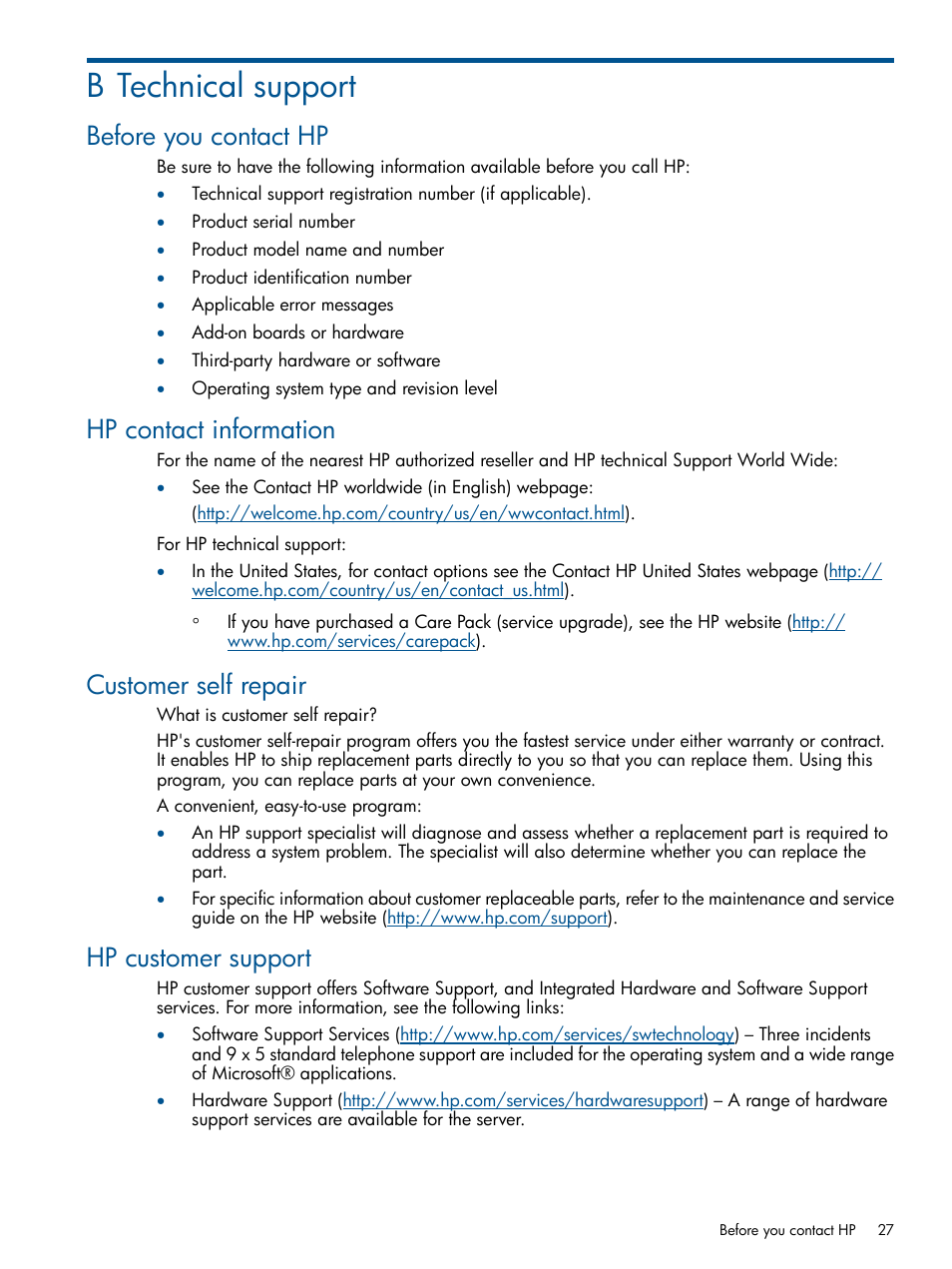 B technical support, Before you contact hp, Hp contact information | Customer self repair, Hp customer support | HP ProLiant ML310 G3 Server User Manual | Page 27 / 30