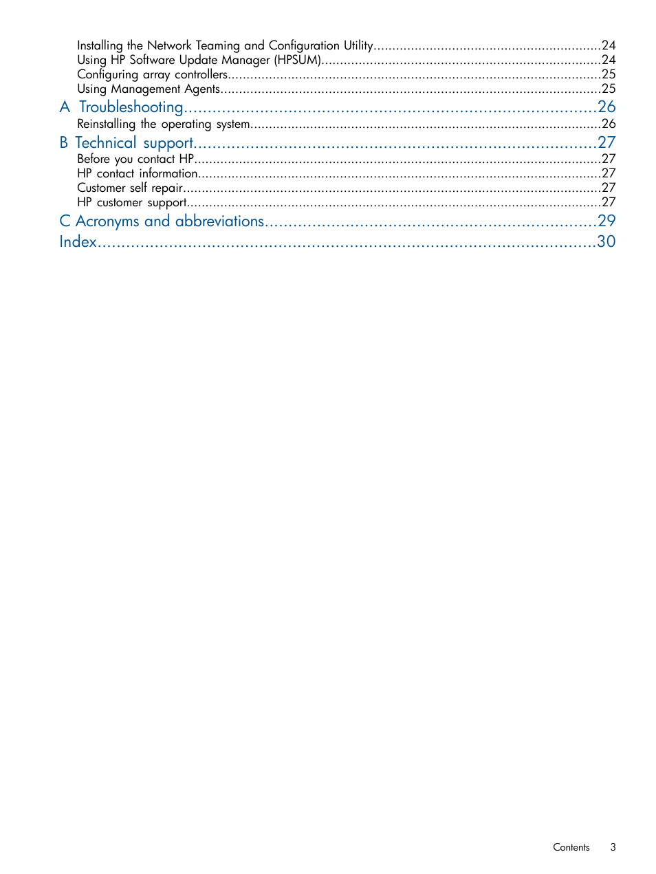 A troubleshooting, B technical support, C acronyms and abbreviations index | HP ProLiant ML310 G3 Server User Manual | Page 3 / 30