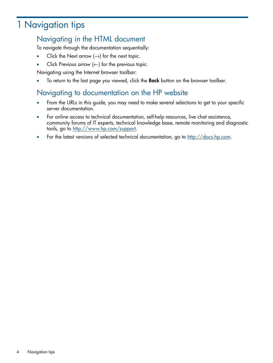 1 navigation tips, Navigating in the html document, Navigating to documentation on the hp website | HP ProLiant ML310 G3 Server User Manual | Page 4 / 30