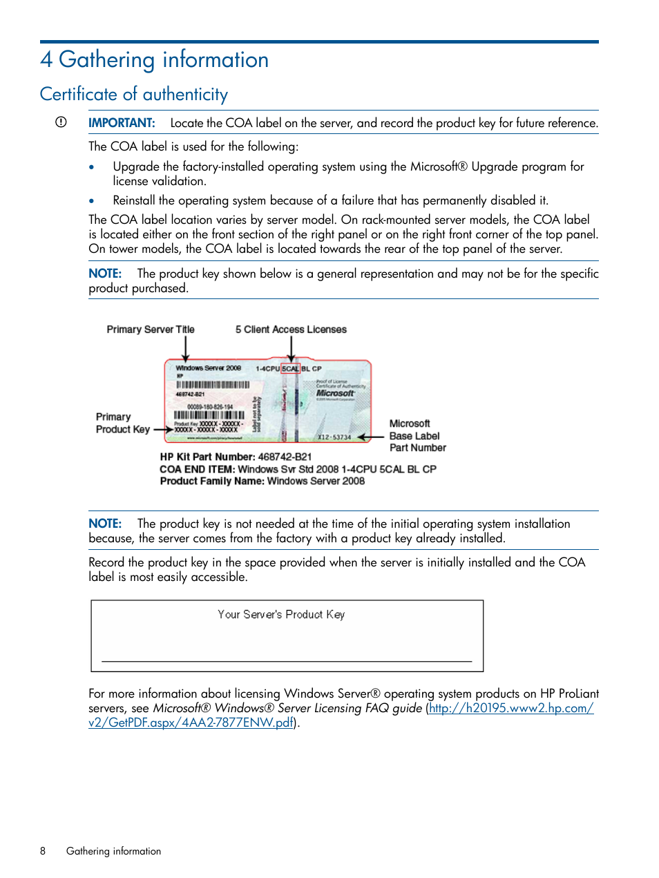 4 gathering information, Certificate of authenticity | HP ProLiant ML310 G3 Server User Manual | Page 8 / 30