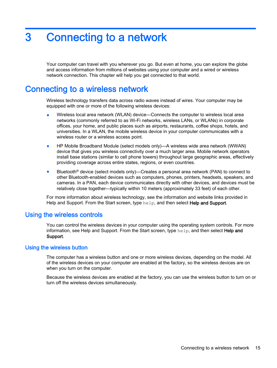 Connecting to a network, Connecting to a wireless network, Using the wireless controls | Using the wireless button, 3 connecting to a network, Connecting, 3connecting to a network | HP x360 310 G1 Convertible PC User Manual | Page 23 / 72