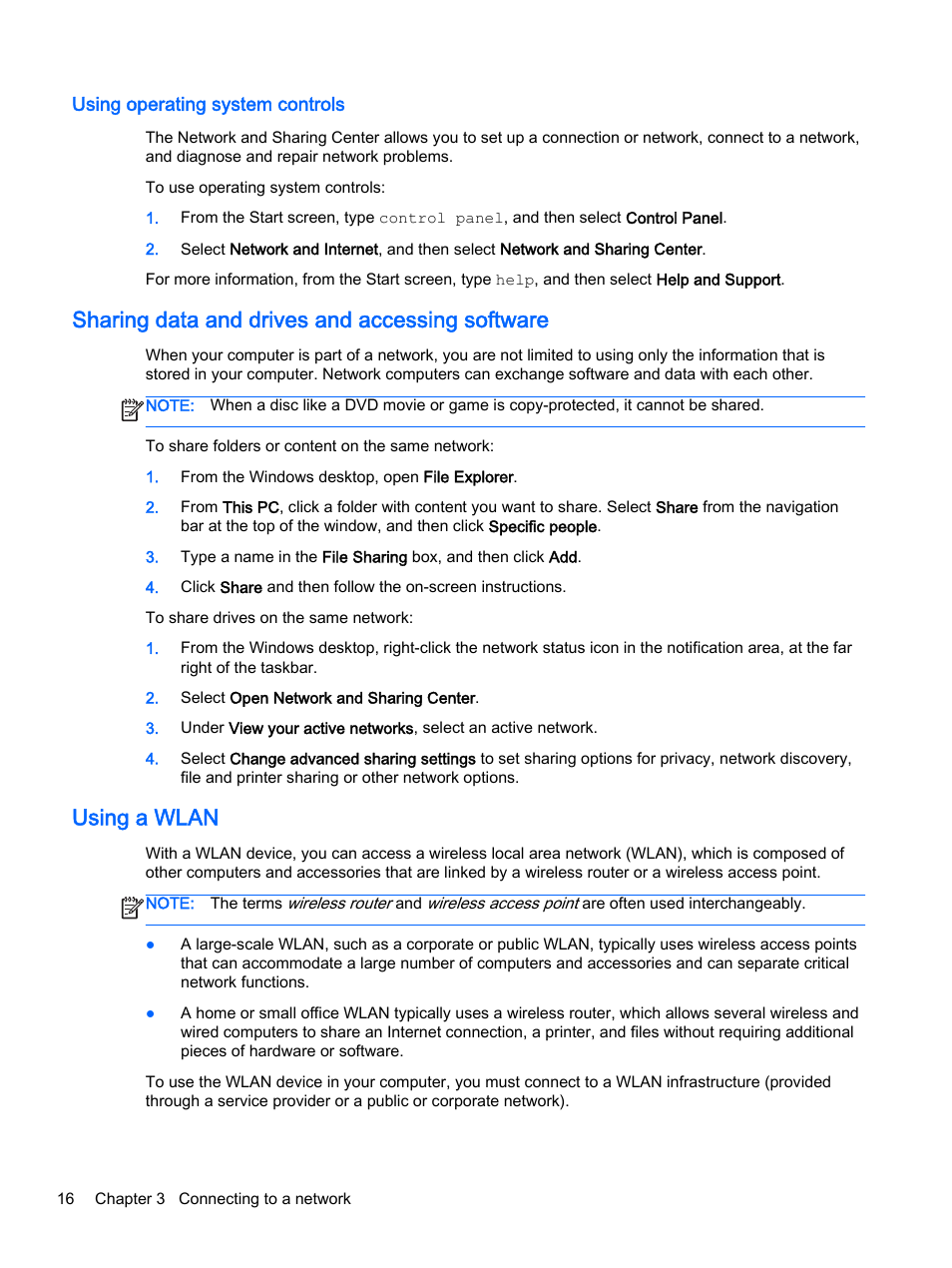 Using operating system controls, Sharing data and drives and accessing software, Using a wlan | HP x360 310 G1 Convertible PC User Manual | Page 24 / 72