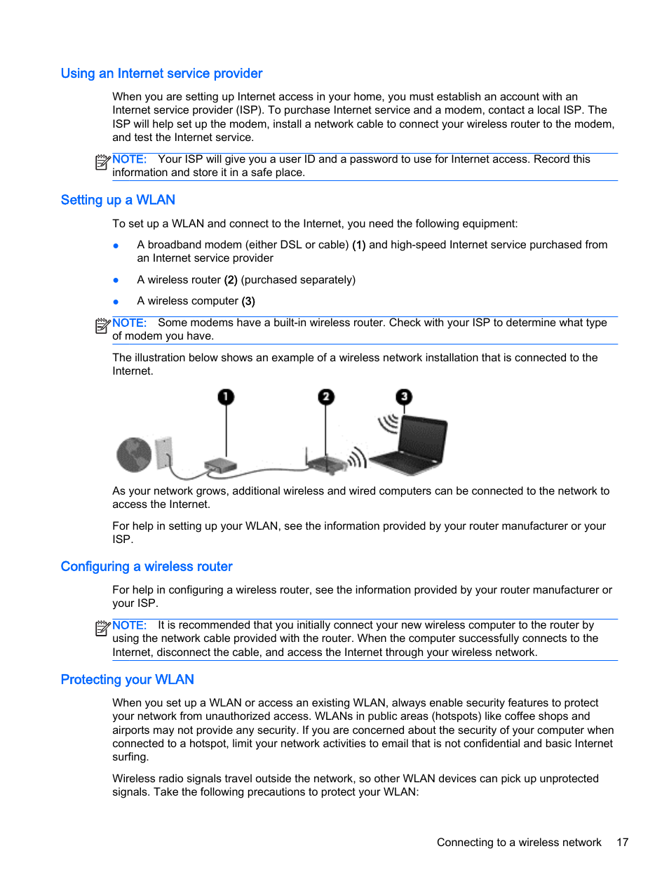 Using an internet service provider, Setting up a wlan, Configuring a wireless router | Protecting your wlan | HP x360 310 G1 Convertible PC User Manual | Page 25 / 72