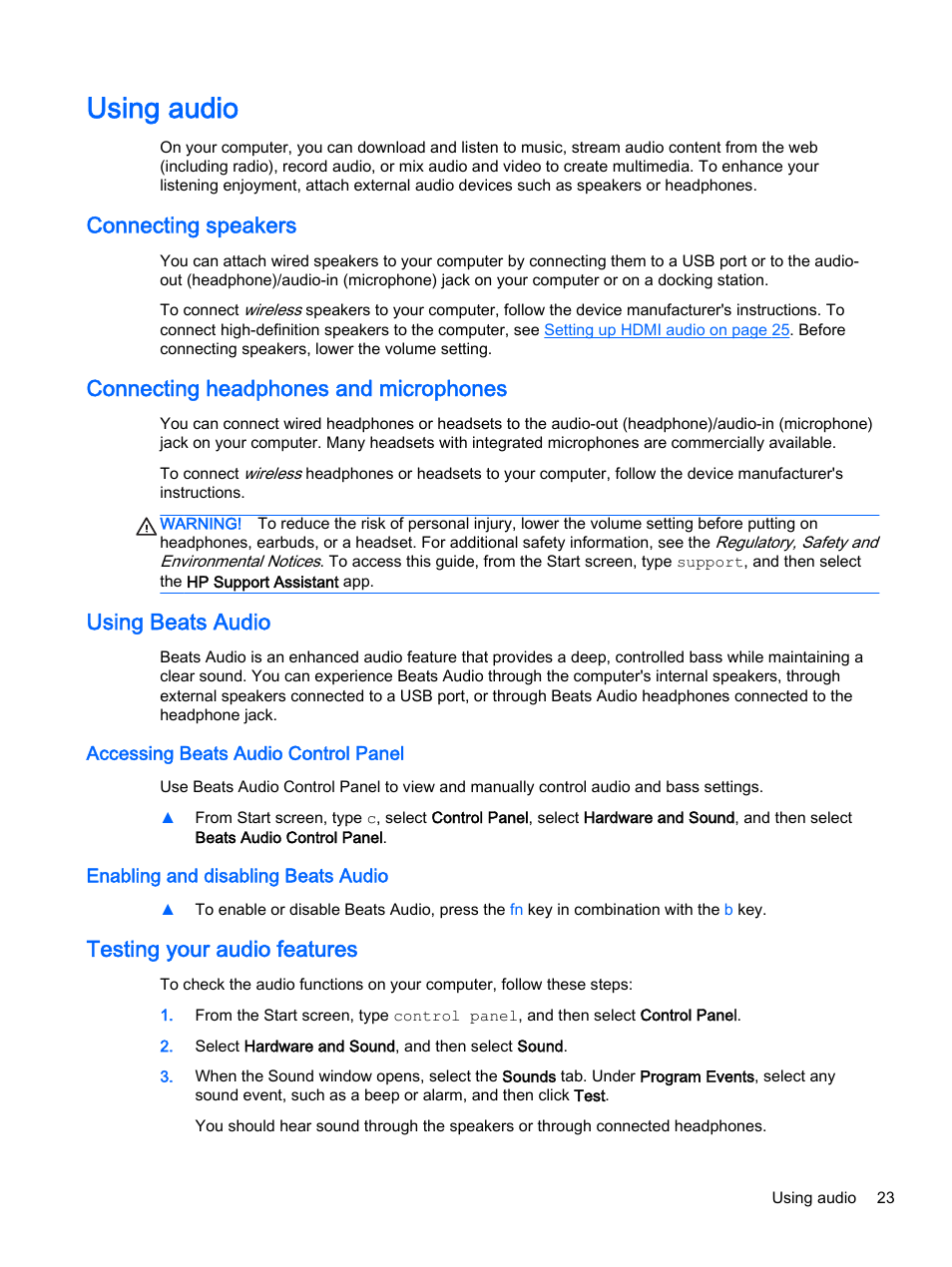 Using audio, Connecting speakers, Connecting headphones and microphones | Using beats audio, Accessing beats audio control panel, Enabling and disabling beats audio, Testing your audio features | HP x360 310 G1 Convertible PC User Manual | Page 31 / 72