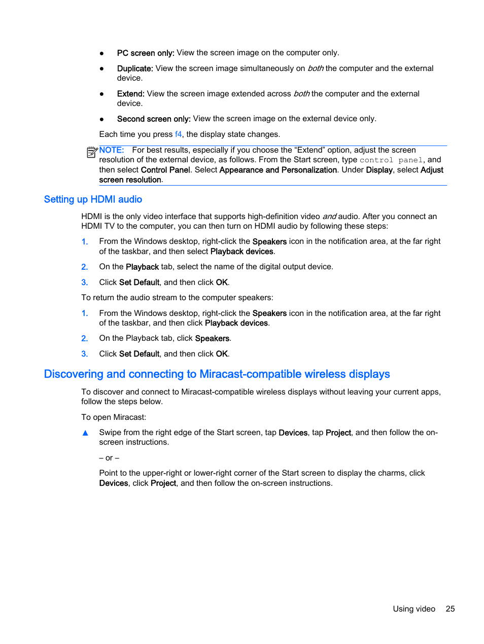Setting up hdmi audio | HP x360 310 G1 Convertible PC User Manual | Page 33 / 72