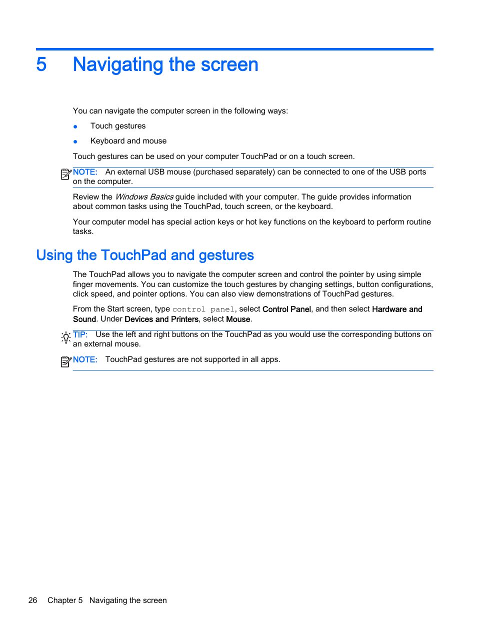 Navigating the screen, Using the touchpad and gestures, 5 navigating the screen | Es of text. see, 5navigating the screen | HP x360 310 G1 Convertible PC User Manual | Page 34 / 72