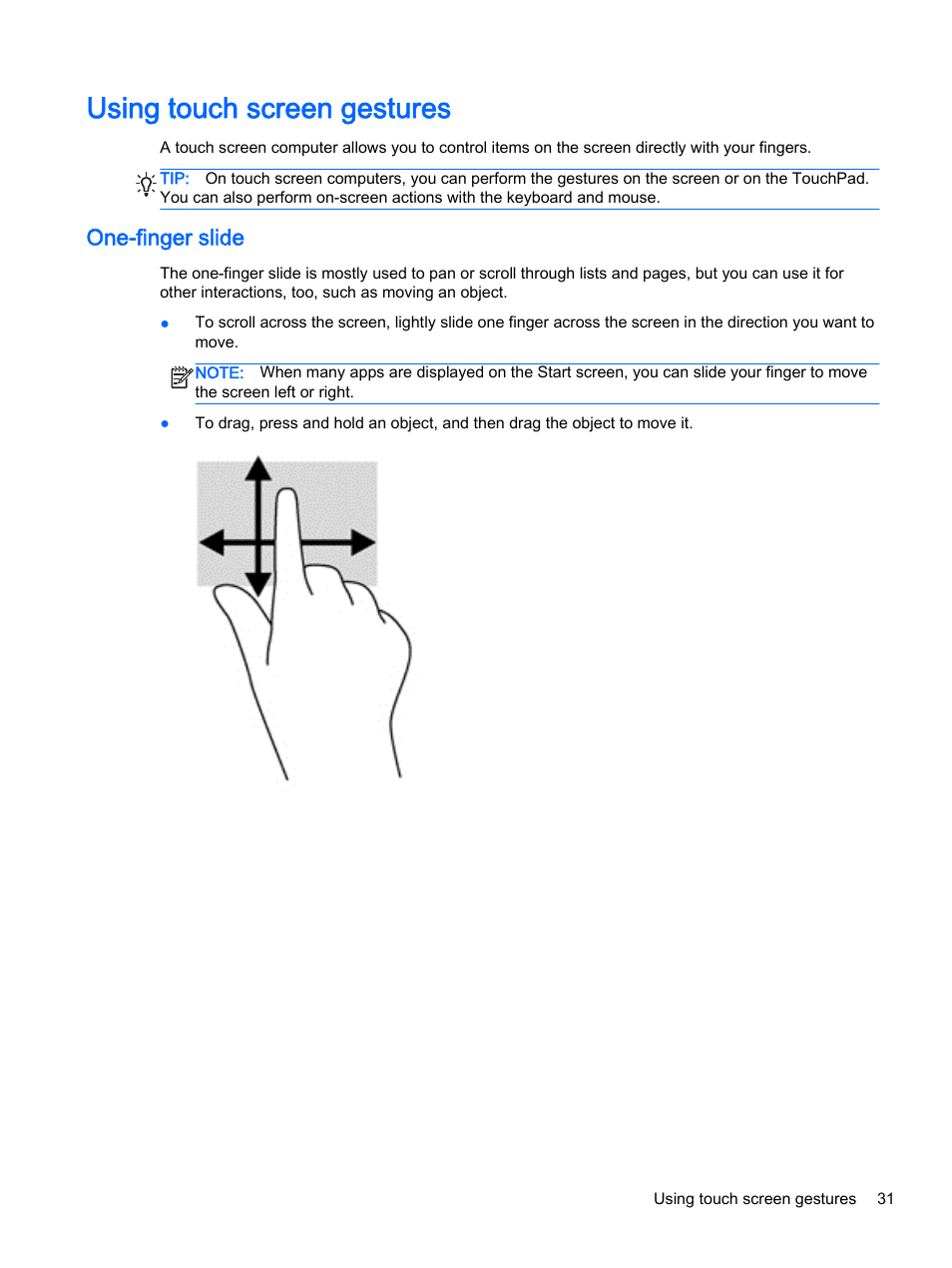 Using touch screen gestures, One-finger slide | HP x360 310 G1 Convertible PC User Manual | Page 39 / 72