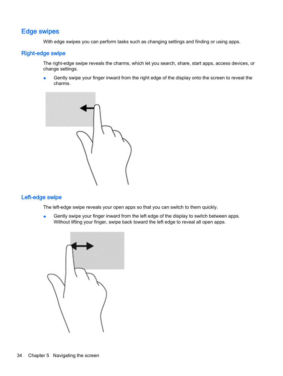 Edge swipes, Right-edge swipe, Left-edge swipe | Right-edge swipe left-edge swipe | HP x360 310 G1 Convertible PC User Manual | Page 42 / 72