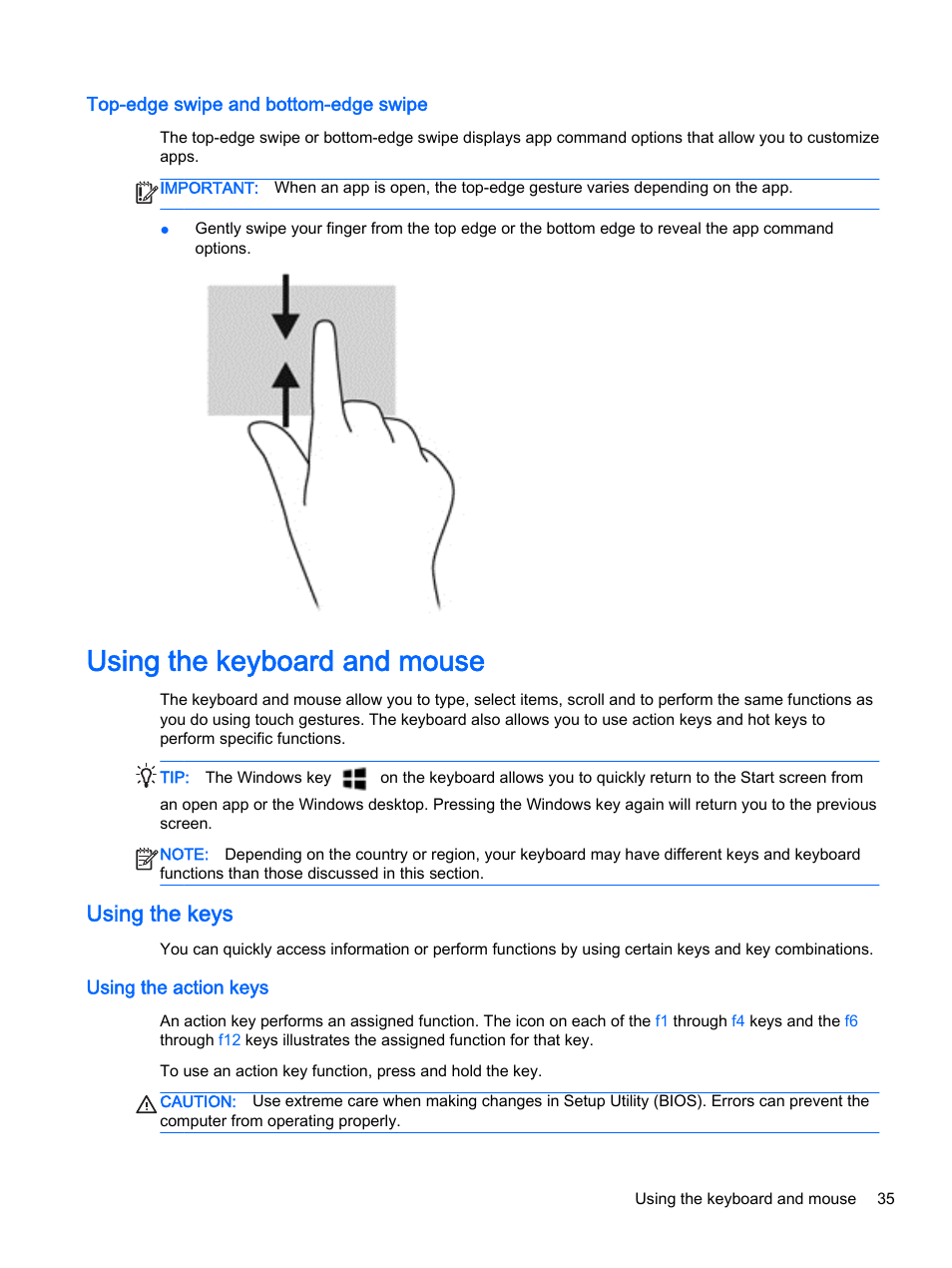 Top-edge swipe and bottom-edge swipe, Using the keyboard and mouse, Using the keys | Using the action keys | HP x360 310 G1 Convertible PC User Manual | Page 43 / 72