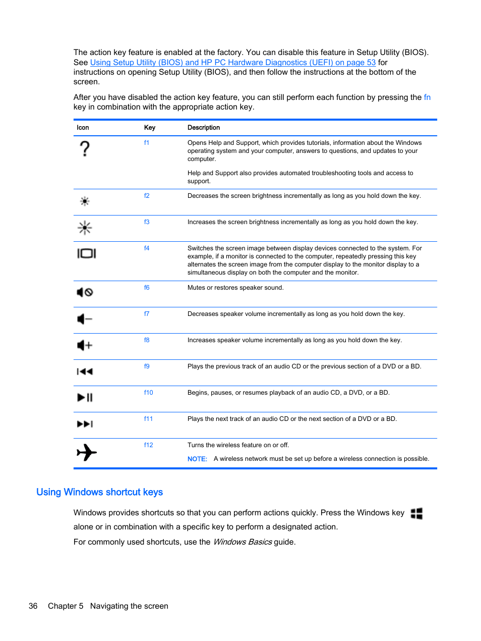Using windows shortcut keys | HP x360 310 G1 Convertible PC User Manual | Page 44 / 72