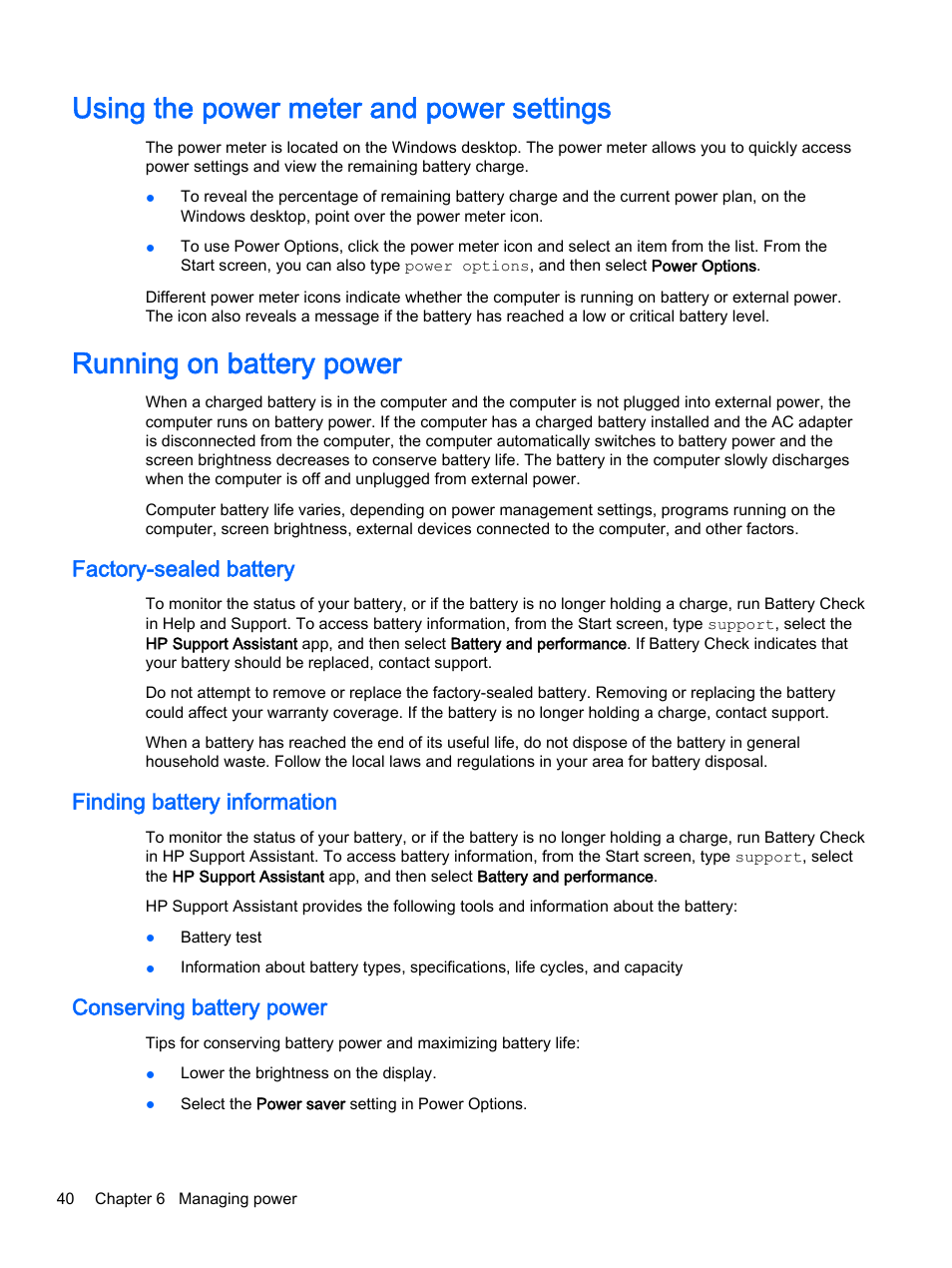 Using the power meter and power settings, Running on battery power, Factory-sealed battery | Finding battery information, Conserving battery power | HP x360 310 G1 Convertible PC User Manual | Page 48 / 72