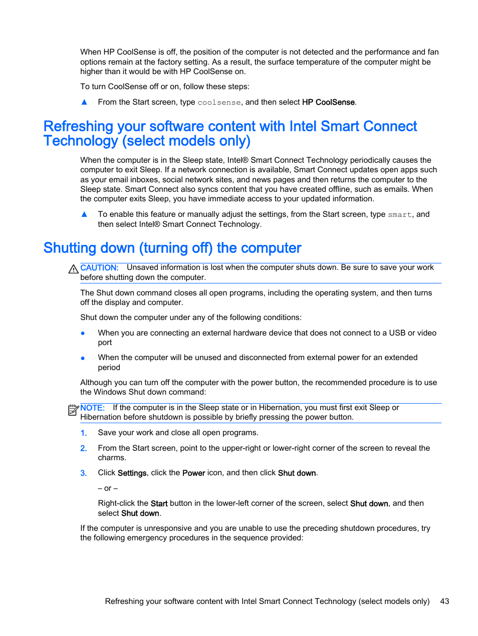 Shutting down (turning off) the computer | HP x360 310 G1 Convertible PC User Manual | Page 51 / 72
