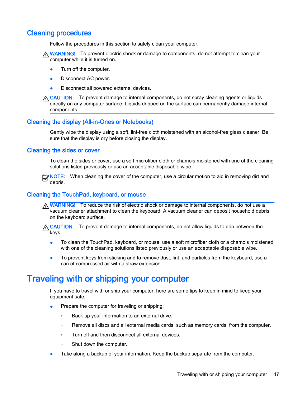 Cleaning procedures, Cleaning the display (all-in-ones or notebooks), Cleaning the sides or cover | Cleaning the touchpad, keyboard, or mouse, Traveling with or shipping your computer | HP x360 310 G1 Convertible PC User Manual | Page 55 / 72
