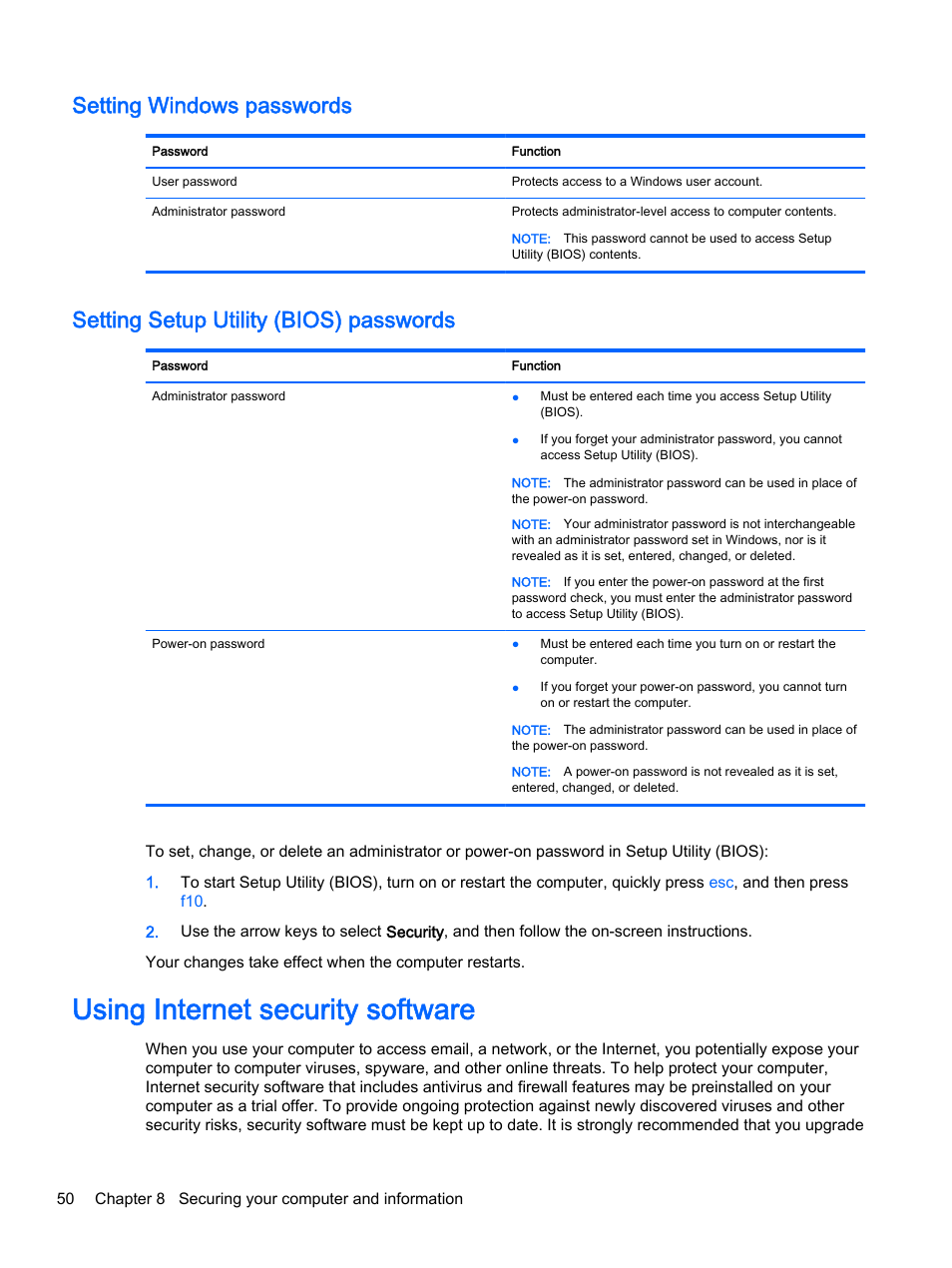 Setting windows passwords, Setting setup utility (bios) passwords, Using internet security software | HP x360 310 G1 Convertible PC User Manual | Page 58 / 72